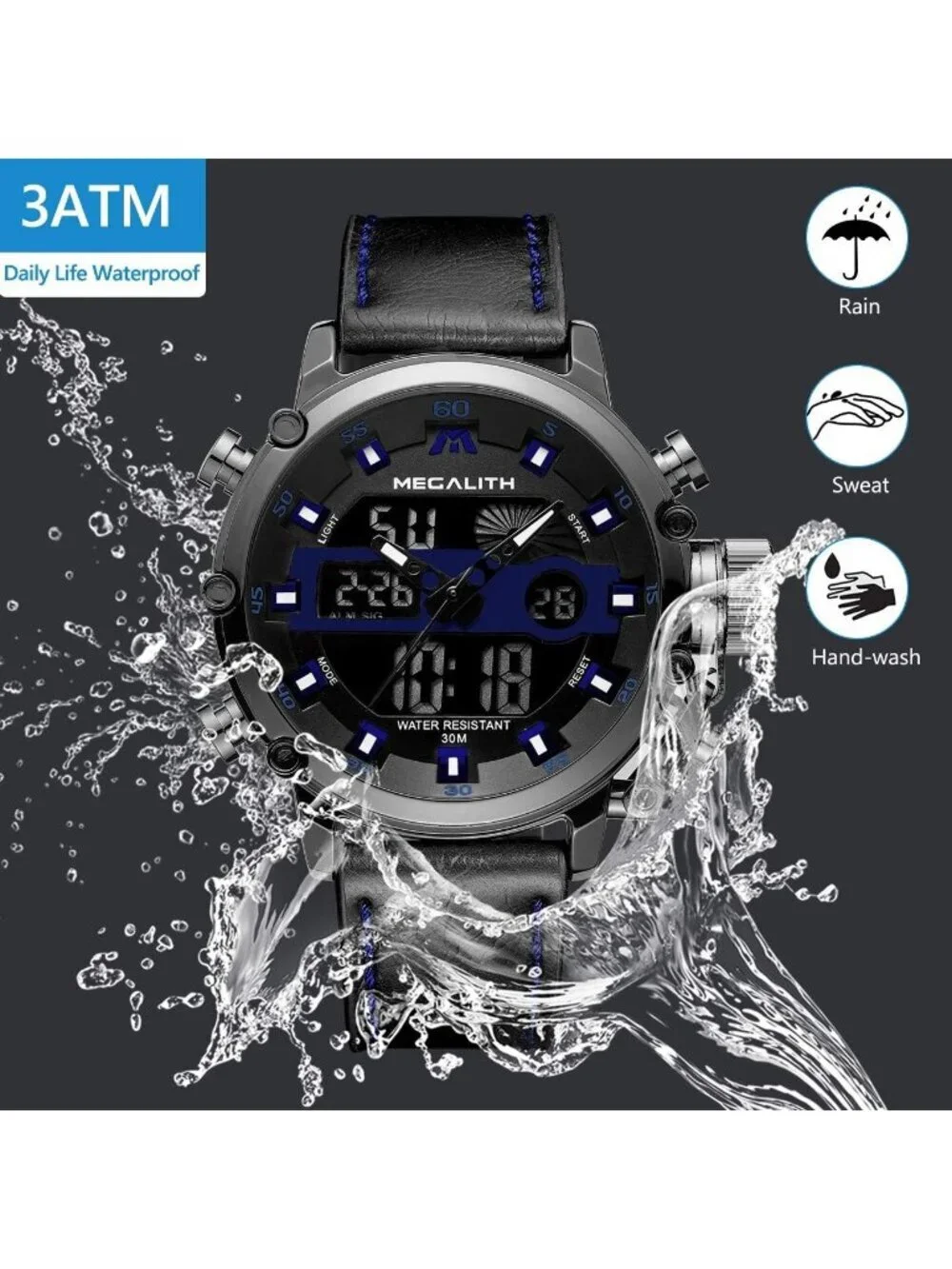 Men's Black And Blue Analog Leather Strap Waterproof Multifunction Digital Watch